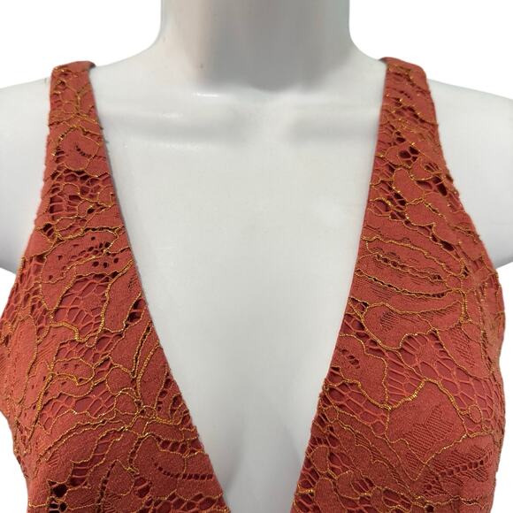 Dress the Population Burnt Orange Gold Lace Tiered V-Neck Midi Dress size S - Picture 14 of 15